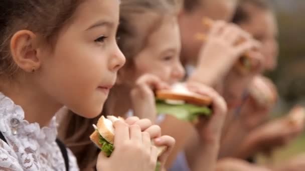 As crianças de uniforme escolar depois das aulas passam tempo no parque no fundo de um sanduíche. Comida deliciosa, um dia de sanduíche — Vídeo de Stock