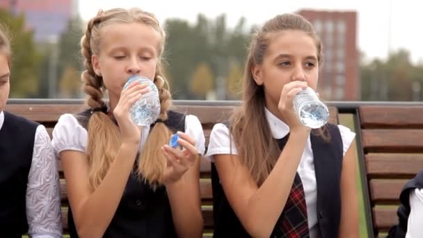 Los niños en uniforme escolar después de la clase se sientan en el parque y beben agua. Salud, agua, descanso — Vídeos de Stock