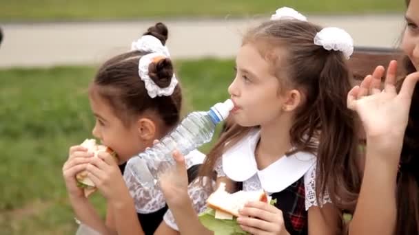 Děti ve školní uniformě po vyučování sedět v parku a pít vodu a jíst sendviče. Škola, sendvič dovolená, studium — Stock video