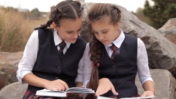 Kinderen zitten in een park een boek lezen en bespreken het. Lezing na school, rest — Stockvideo