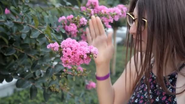 Una joven caminando en un parque de verano inclinada hacia abajo para sentir el olor de hermosas flores de color rosa, el olor era desagradable demasiado fuerte — Vídeo de stock