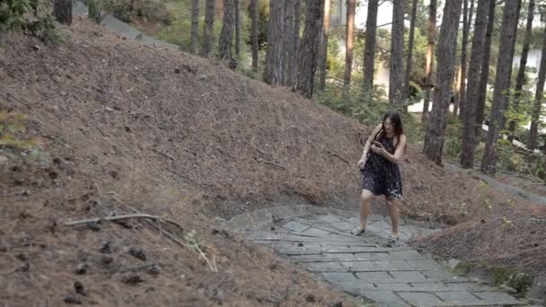 Молодая девушка гуляет по лесу, ищет сеть на мобильном телефоне — стоковое видео