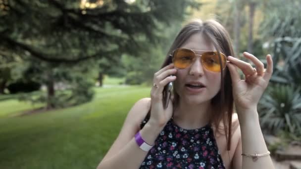 Ένα κορίτσι με περίπατο στο πάρκο είπε στο τηλέφωνο. Καλοκαίρι φύση — Αρχείο Βίντεο