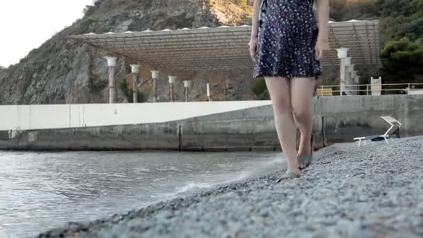 A menina vai sobre as pequenas pedras na praia — Vídeo de Stock