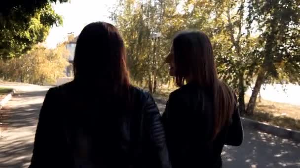 Due amiche camminano lungo il lungomare close-up riprese indietro — Video Stock