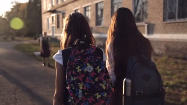 Dvě teenky v uniformách vracejí ze školy domů a chůzi na ulici při rozhovoru. Pohled zezadu. Zadní — Stock video