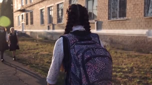 Ragazze adolescenti in uniforme andare a scuola e incontrare compagno di classe. Vista posteriore. Posteriore — Video Stock