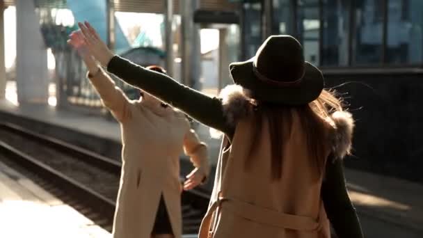 Moeder op het station stuurt een volwassen dochter op een reis — Stockvideo