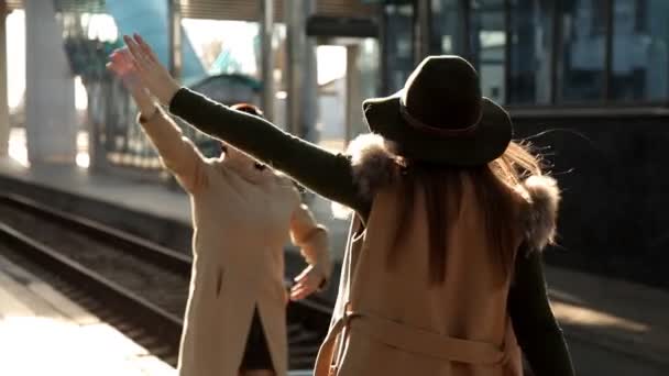 Mamma alla stazione invia una figlia adulta in viaggio — Video Stock