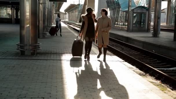 车站的妈妈派一个成年女儿去旅行 — 图库视频影像