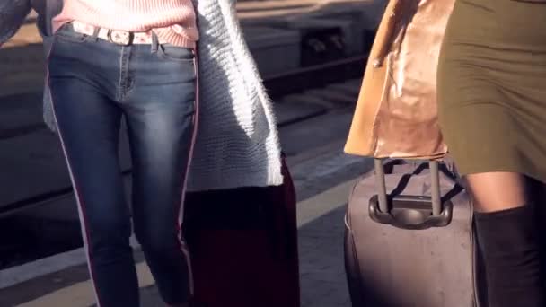 Дві дівчини на залізничному вокзалі зі своїми валізами на платформі чекають на поїзд. Руки крупним планом — стокове відео