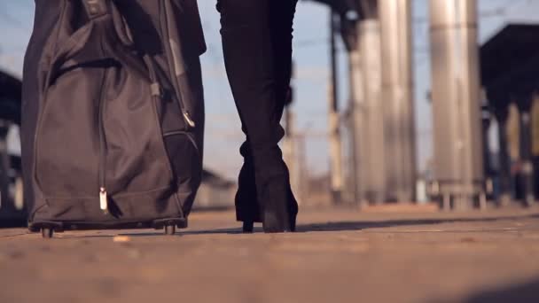 Womens voeten met bagage zijn op het platform. Achteraanzicht — Stockvideo