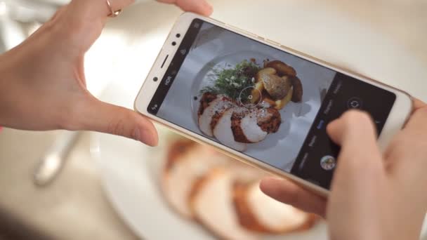 女性の手のスマート フォンで夕食の食べ物の写真を撮る。クローズ アップ — ストック動画