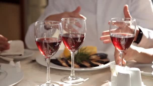 Gli amici cenano in un ristorante e bevono vino — Video Stock