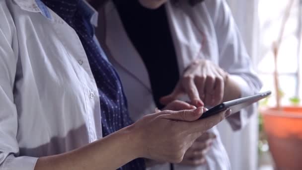 Deux femmes médecins examinent les notes médicales dans un dossier et consultent sur le diagnostic. Travailleurs de la santé professionnels intelligents. Blanc caucasien jeunes adultes — Video