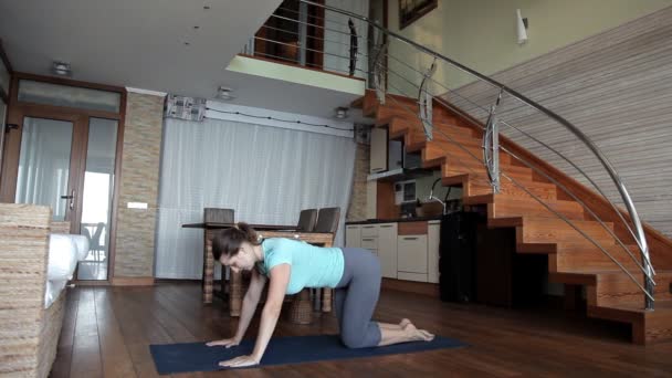 Joven mujer deportiva haciendo ejercicio en casa, haciendo ejercicios de fitness en el piso de la sala de estar utilizando el programa de entrenamiento personal en línea, haciendo pilates de yoga en el interior — Vídeos de Stock