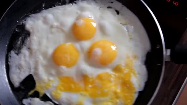Вранці дівчина готує сніданок вдома на кухні. Куховарити яйця вдома на кухні. Крупним планом — стокове відео