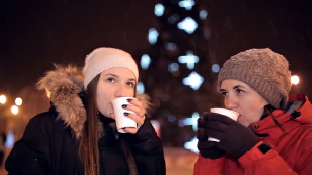 Молоді дівчата п'ють каву в парку, сміючись. Зимова погода надворі. Перерва на каву. Різдво — стокове відео