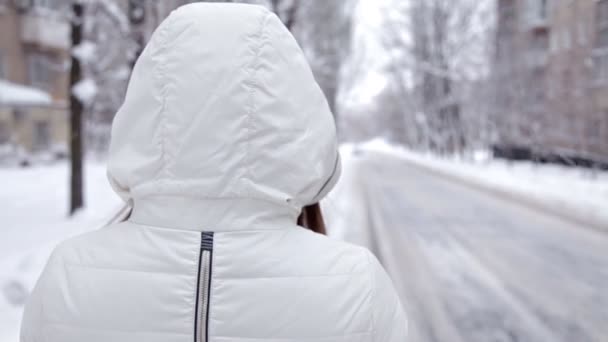 Una joven posa para la cámara en un frío día de invierno. Nieve fría — Vídeo de stock