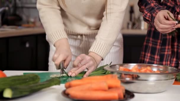 Meisjes bereiden de salade groenten in de keuken. Gezonde voeding, tomaten, komkommers — Stockvideo