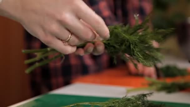 Girls prepare salad from vegetables using a lot of greens, dill, parsley. Food, health — Stock Video