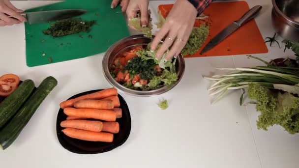 女の子は、多くの緑の党、ディル、パセリを使用して野菜からサラダを準備します。食品、健康 — ストック動画