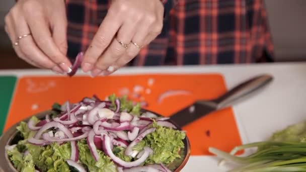 Das Mädchen bereitet einen Salat aus Gemüse und Zwiebeln zu. gesunde Ernährung — Stockvideo