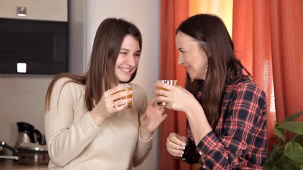Dwie młode dziewczyny na czacie w kuchni i picie soku pomarańczowego, a Kolacja przygotowywana jest — Wideo stockowe