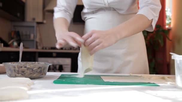 Mädchen in Schürze bereitet Umschläge mit Pilzen für das Backen zu Hause vor. — Stockvideo