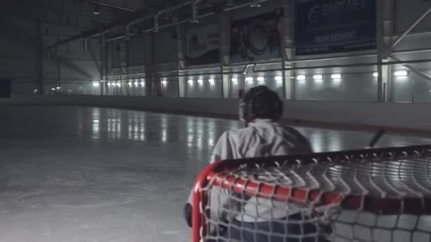 Hockey målvakt återspeglar ett frikast från anfallaren. vyn från baksidan — Stockvideo