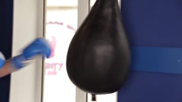 Boxeador hombre está golpeando el entrenamiento saco de boxeo, guantes azules — Vídeos de Stock