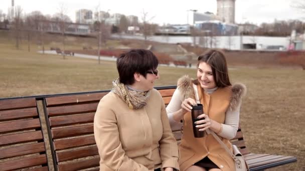 Мать и взрослая дочь проводят время вместе на открытом воздухе в парке, болтая и смеясь — стоковое видео