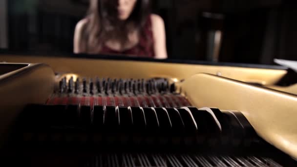 Músico pianista tocando música de piano. Instrumento musical piano de cola con intérprete mujer — Vídeo de stock