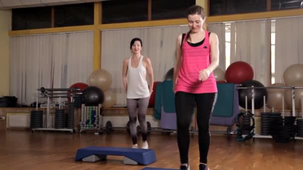 Sportos nő edző aerob Lépcsőzők osztály csinál emberek csoporthoz egy fitness center. Sport- és egészségügyi koncepció — Stock videók