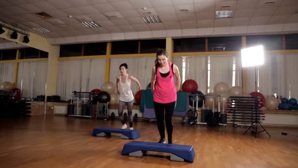 Fitness, sport, výcvik, aerobik a lidé koncept - skupina lidí, cvičit s steppery v tělocvičně. — Stock video