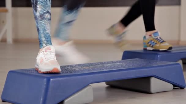 Plataformas de paso. Chicas en zapatos deportivos haciendo ejercicios para aeróbicos. El concepto de apriete en el gimnasio para bajar de peso — Vídeo de stock