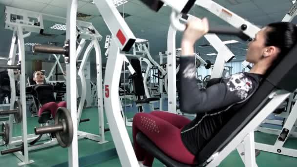 Fitness - spor kulübünde ağırlık kaldırarak güçlü rahat kadın. Güzel bir kız spor salonunda pull-up gerçekleştirecek. Fitness. Vücut geliştirme — Stok video