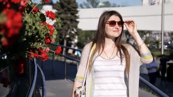 Chica encantadora en gafas de sol camina por el puente con flores rojas en un día soleado — Vídeo de stock