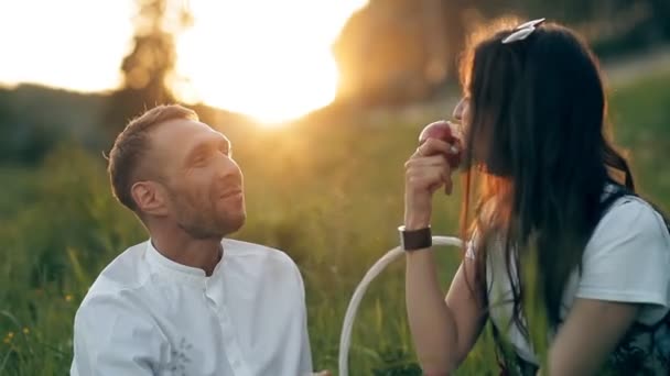 Un jeune homme et une jeune femme sont assis sur une prairie verte et mangent une pomme. Romance, amour — Video