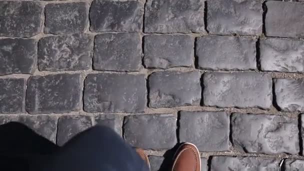 Top view of male and female legs walking along the sidewalk together. Sunny day — Stock Video