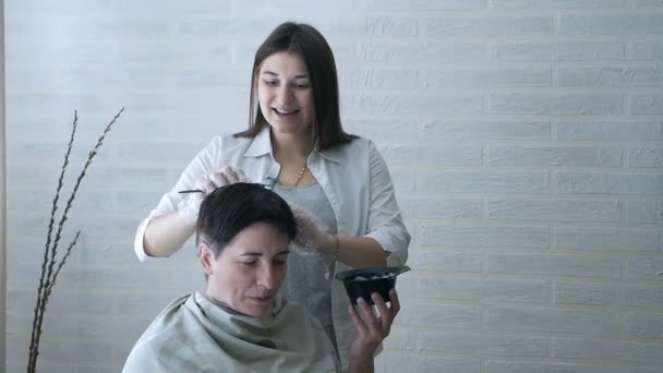 En gravid Frisör är engagerad i hårfärgning i en skönhetssalong, professionell färgning och hårvård, en skönhetssalong. — Stockvideo