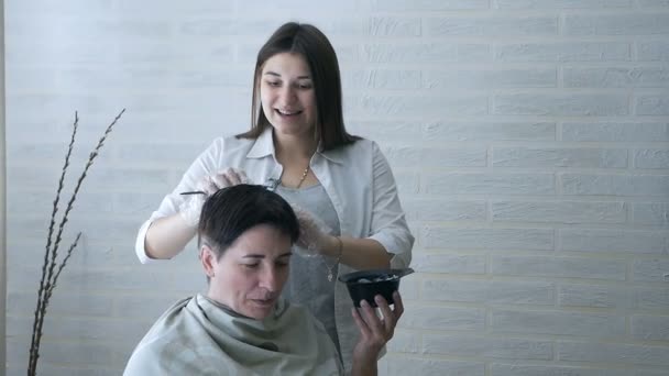 Um cabeleireiro grávida está envolvido na coloração do cabelo em um salão de beleza, tingimento profissional e cuidado do cabelo, um salão de beleza. . — Vídeo de Stock