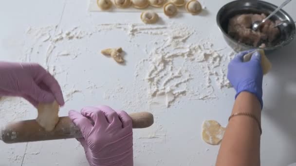 Mãos em luvas multicoloridas, luvas preparar bolinhos com carne picada — Vídeo de Stock