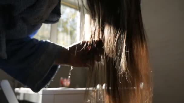 Μελαχρινή κοπέλα φυσήξει στεγνά βρεγμένα μαλλιά με φόντο τις ακτίνες του ήλιου κοντά στο παράθυρο. Η γυναίκα χτενίζει τα μαλλιά της. Ξερά μαλλιά. Γυναικείο χτένισμα. — Αρχείο Βίντεο