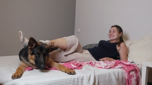 Carina donna che gioca con il suo cane mentre sdraiato sul divano a casa. Carino animali domestici — Video Stock
