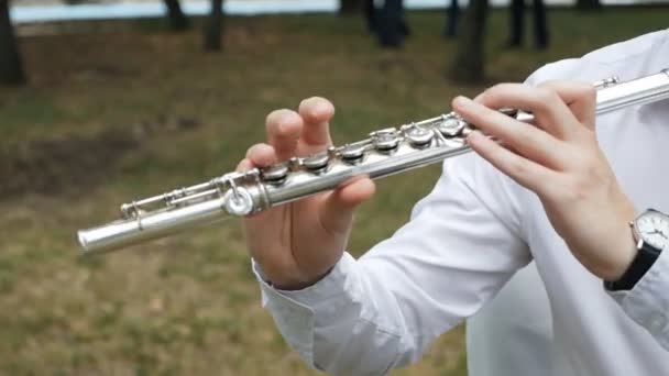 Musikern spelar i trädgården vid firandet. Flöjtinstrument Händerna på en flöjtspelare som spelar flöjt Klassiska orkesterinstrument — Stockvideo
