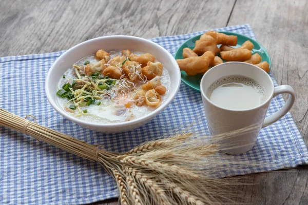 Breakfase Meal Congee Rice Porridge Minced Pork Boiled Egg Soy — Stock Photo, Image