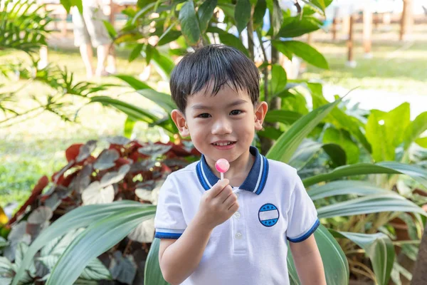 Zblízka Mladý Asijské Chlapec Jíst Lízátko — Stock fotografie