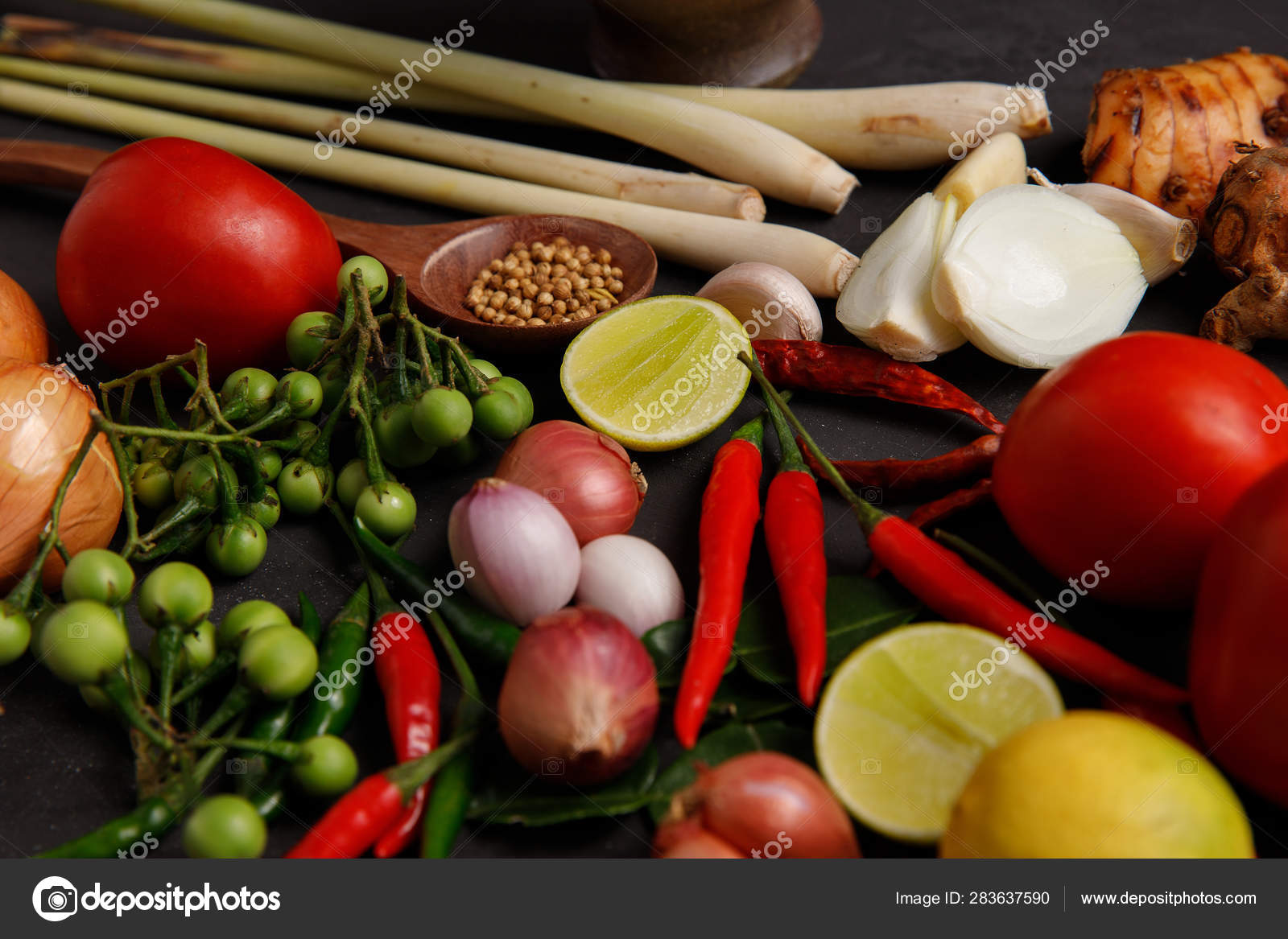 Thai Kitchen Various Herbs Spices Ingredients Dark Background Top