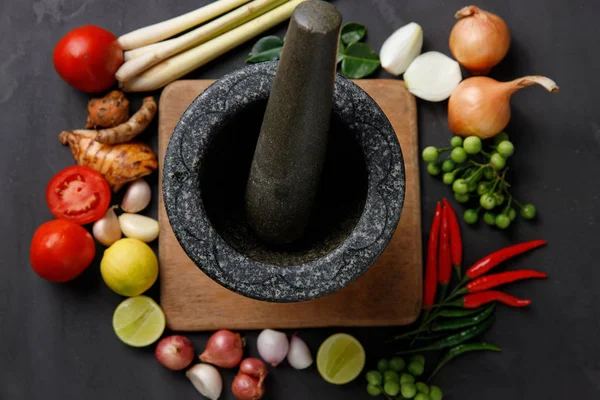 Cucina Tailandese Varie Erbe Spezie Ingredienti Sfondo Scuro Vista Dall — Foto Stock